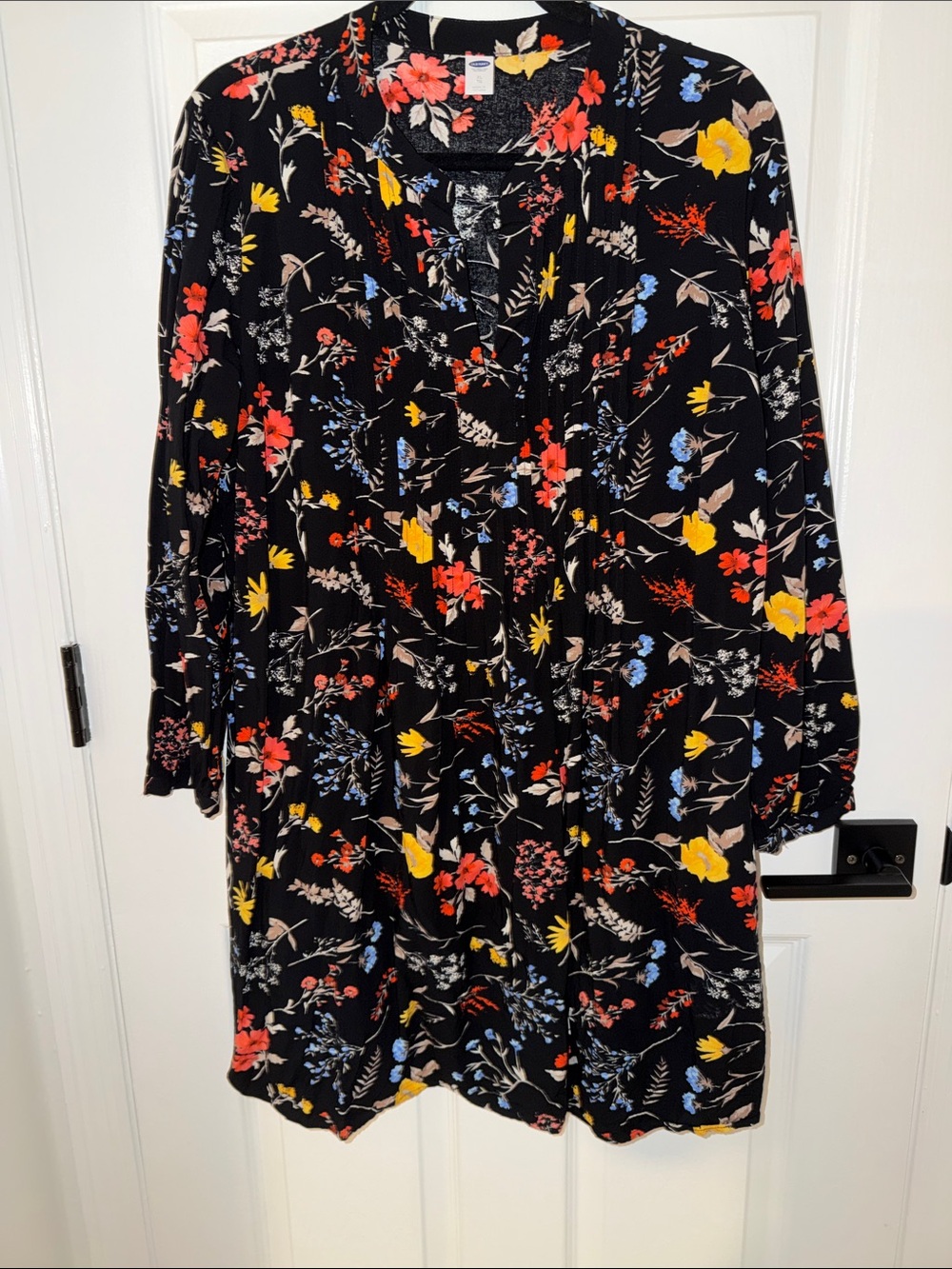 Old Navy Black Floral Midi Dress with Red, Yellow & Blue Blooms